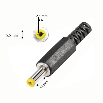 CONECTOR MACHO PLUG DC 2.1X5.5X14 MM PLASTICO AMARILLO