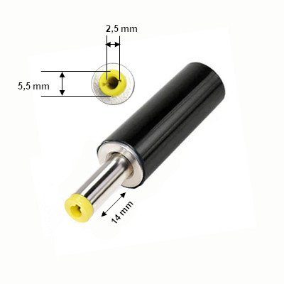CONECTOR MACHO PLUG DC 2.5X5.5X14 MM PLASTICO AMARILLO